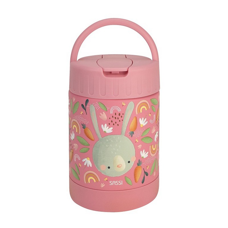 Portapranzo termico rosa per bambini decorato con coniglio, arcobaleni e carote in acciaio inossidabile, con cucchiaio incluso e maniglia estraibile per agevolare il trasporto